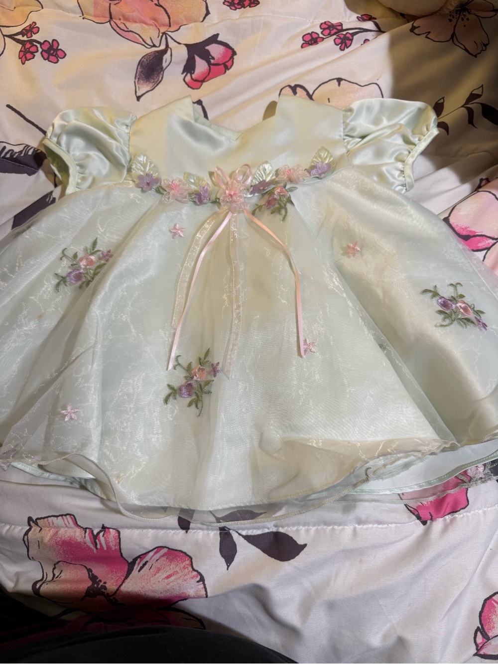 Pastel Mint Floral Embroidered Baby Dress with Ribbon